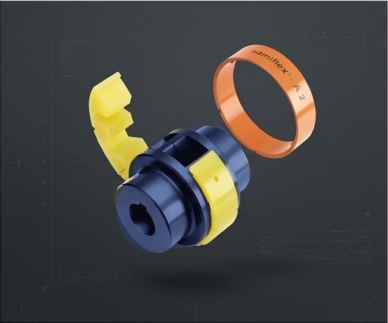 Exploded view of Samiflex coupling showing hub, elastomer insert and retaining ring